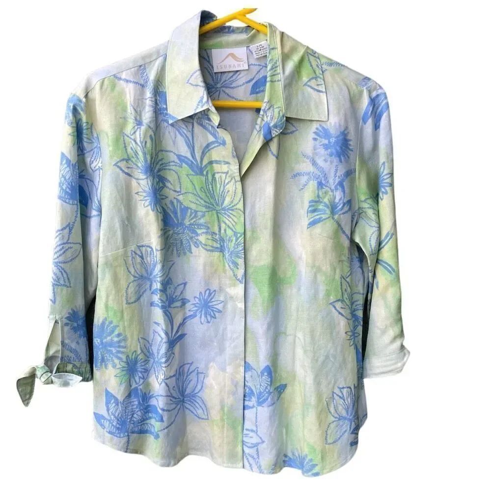 Tsunami size L silk linen blend button tie cuff top.